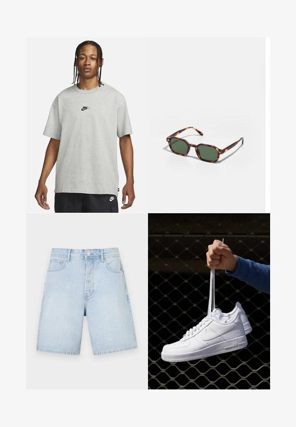 Mlad človek z zasebnimi lasmi, oblečen v svetlo sivo majico Nike in črne kratke hlače Nike pred enostavno belo kuliso.; Svetlo modri denim kratke hlače ravnega kroja, z sprednjimi žepi, gumbnim zapiranjem in sproščenim šivom. Gladka tekstura brez vzorcev.; Bela usnjena športna obutev s perforacijami, okroglo konico, ravnim podplatom in debelimi vezalkami, z vidnim logotipom smoosh in napisom "AIR" na peti.; Očalna okvir iz želvje školjke z zelenimi lečami, ki ima osemkotno obliko in tanke, zakrivljene ročke. Material ima sijajno površino.