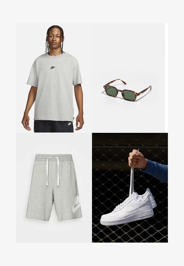 Jaunas žmogus su pintomis plaukomis, vilkintis šviesiai pilką Nike marškinėlį ir juodus Nike šortus, priešais vientisą baltą foną.; Pilki medvilniniai šortai su elastinga juosta, baltais raišteliais ir dideliu baltu Nike logotipu ant kairiojo klešnių.; Balti odiniai sportiniai bateliai su perforacijomis, apvalia nosimi, plokščiu padu ir storomis raištelėmis, su matomu swoosh logotipu ir "AIR" ant kulno.; Žvyneliai akiniai nuo saulės su žaliais lęšiais, turintys aštuonkampį formos ir plonas, lenktas šakeles. Medžiaga turi blizgų paviršių.