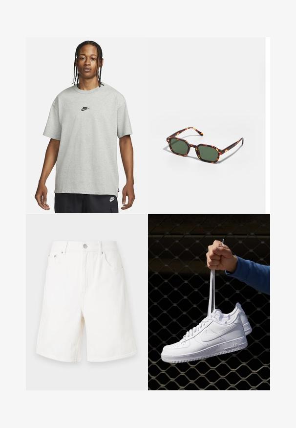 Nuori henkilö, jolla on letitetyt hiukset, pukeutuneena vaaleanharmaaseen Nike T-paitaan ja mustiin Nike-shorteihin valkoista taustaa vasten.; Valkoiset denimi-shortsit, joissa on suora leikkaus, viisi taskua ja hopeiset napit. Ominaisuuksiin kuuluu kestävä rakenne ja viistetyt reunat.; Valkoiset nahkasneakersit, joissa on rei'ityksiä, pyöreä kärki, tasapohja ja paksut nauhat, joissa on näkyvä swoosh-logo ja "AIR" kantapäässä.; Kilpikonnakuosiset aurinkolasit vihreillä linsseillä, joissa on oktaalinen muoto ja kapeat, kaarevat varret. Materiaalissa on kiiltävä pinta.