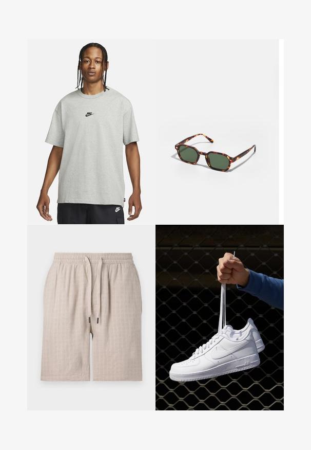 Tânăr cu părul împletit, îmbrăcat cu un tricou Nike gri deschis și pantaloni scurți Nike negri, pe un fundal alb simplu.; Pantaloni scurți bej, texturati, cu talie elastică și cordon de ajustare. Prezintă un model discret în carouri și o croială lejeră. Fără buzunare vizibile.; Adidași albaștri din piele cu perforații, vârf rotund, talpă plată și șireturi groase, cu un logo swoosh vizibil și cu inscripția "AIR" pe toc.; Ochelari de soare cu montură broască țestoasă și lentile verzi, având o formă octogonală și brațe subțiri, curbate. Materialul are o finisare lucioasă.
