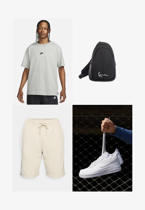 Jaunietis ar pītām matēm, kas valkā gaiši pelēku Nike T-kreklu un melnas Nike šortus uz vienkārša balta fona.; Beige šortos ar elastīgu jostu un auklu. Sānu kabatas un balts logo kreisajā apakšmalā. Izgatavotas no mīksta auduma.; Baltas ādas sporta apavi ar perforācijām, apaļu purngali, plakanu zoli un biezām šņorēm, ar redzamu swoosh logo un vārdu "AIR" uz papēža.; Melnas auduma siksnu mugursoma ar gludu tekstūru, ar izliekta dizaina, ar rāvējslēdzēju, un uz priekšu ir balts logo.