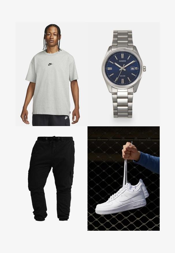 Junge Person mit geflochtenem Haar, die ein hellgraues Nike-T-Shirt und schwarze Nike-Shorts trägt, vor einem einfarbigen weißen Hintergrund.; Schwarze Cargo-Hosen aus einem Baumwoll-Mischgewebe; mit einem Kordelzugbund, mehreren Seitentaschen und schmal zulaufenden Bündchen an den Knöcheln.; Weiße Leder-Sneaker mit Perforationen, runder Zehenpartie, flacher Sohle und dicken Schnürsenkeln, mit sichtbar eingesticktem Swoosh-Logo und "AIR" an der Ferse.; Silberner Armbanduhr aus Edelstahl mit einem dunkelblauen Zifferblatt, metallischen Stundenmarkierungen und einem Datumsfenster bei 3 Uhr. Wasserdicht bis 50 Meter.