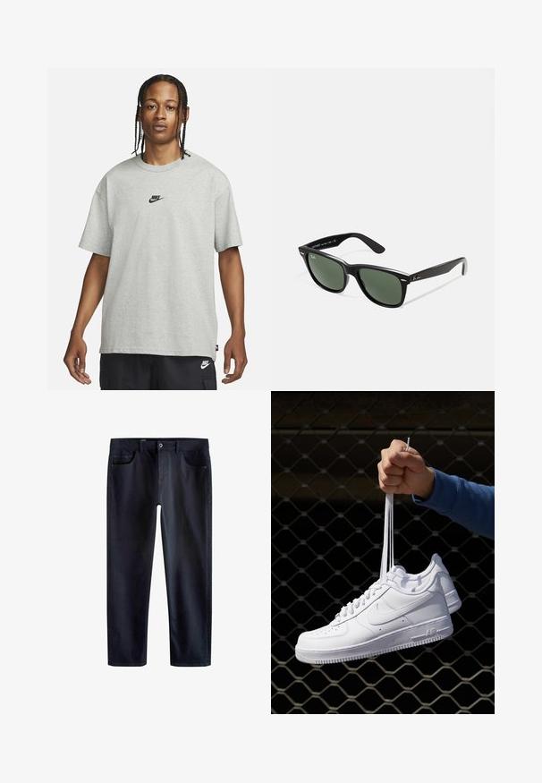 Jaunietis ar pītām matēm, kas valkā gaiši pelēku Nike T-kreklu un melnas Nike šortus uz vienkārša balta fona.; Tumši zili džinsi ar klasisko taisno griezumu, izgatavoti no denima. Satur piecas kabatas un standarta pogu aizdari.; Baltas ādas sporta apavi ar perforācijām, apaļu purngali, plakanu zoli un biezām šņorēm, ar redzamu swoosh logo un vārdu "AIR" uz papēža.; Melnas plastmasas saulesbrilles ar zaļiem lēciem, kvadrātveida rāmjiem, sudrabainu akcentu uz uzacīm un teksturētām tempļu kājām. Zīmols norādīts uz iekšējās kājas.
