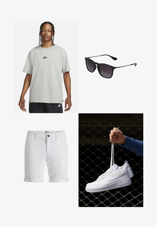 Jeune personne avec des cheveux tressés portant un t-shirt Nike gris clair et un short Nike noir sur un fond blanc uni.; Shorts en coton blanc avec un ourlet roulé, dotés d'une fermeture à bouton, de poches avant et d'un tissu texturé. Design à coupe standard.; Baskets en cuir blanc avec perforations, à bout rond, semelle plate et lacets épais, arborant un logo swoosh visible et "AIR" sur le talon.; Lunettes de soleil noires avec une monture en plastique élégante, verres sombres dégradés, forme géométrique et marque distinctive sur la branche.