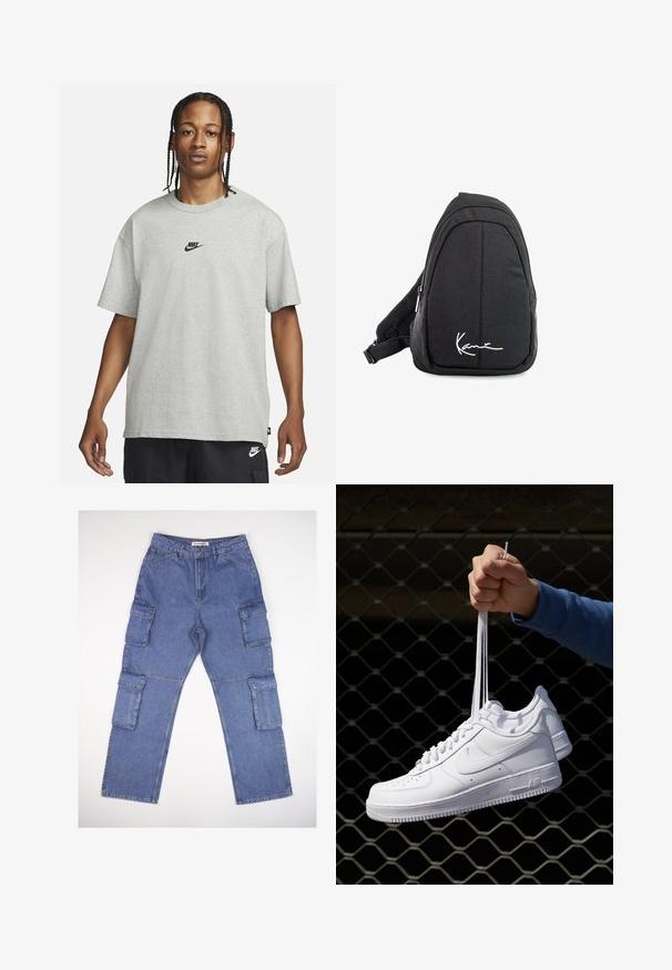 Mladý člověk s pletenými vlasy, oblečený v světle šedém tričku Nike a černých šortkách Nike, na čistém bílém pozadí.; Modré džínové cargo kalhoty s_multiple bočními kapsami, rovný střih a klasický pas. Látka má mírnou texturu a vyblednutí.; Bílé kožené tenisky s perforacemi, kulatou špičkou, plochou podrážkou a silnými tkaničkami, které mají viditelné logo swoosh a nápis "AIR" na patě.; Černý textilní batoh s popruhem přes rameno, hladkým povrchem, zakřiveným designem, zipovou přihrádkou a bílým logem na přední straně.