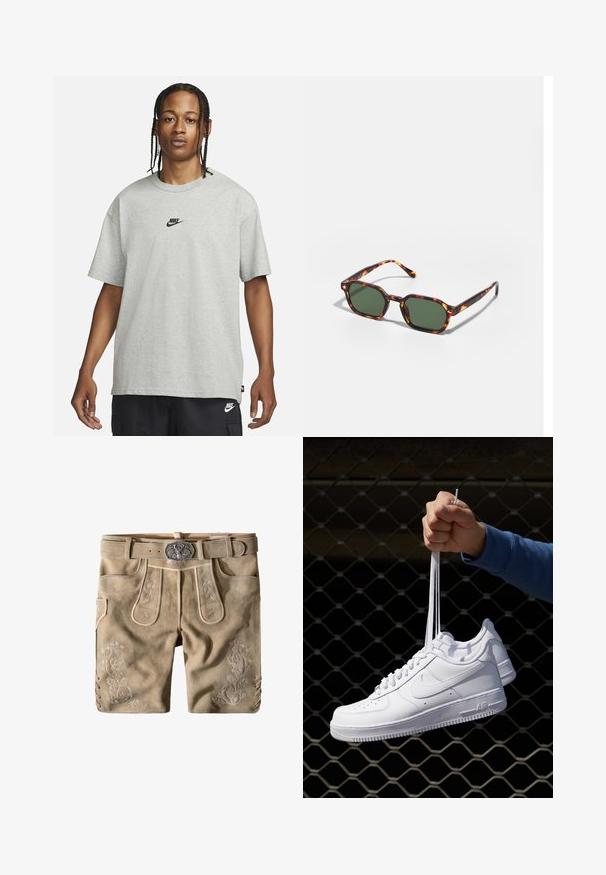 Joven con cabello trenzado que lleva una camiseta Nike gris claro y pantalones cortos Nike negros frente a un fondo blanco liso.; Pantalones cortos de cuero beige con intrincados bordados florales, una hebilla de cinturón plateada y acentos de encaje en los laterales. Textura suave de ante en toda la prenda.; Zapatillas de cuero blanco con perforaciones, punta redonda, suela plana y cordones gruesos, con un logo de swoosh visible y "AIR" en el talón.; Gafas de sol carey con lentes verdes, de forma octagonal y con patillas delgadas y curvas. El material tiene un acabado brillante.