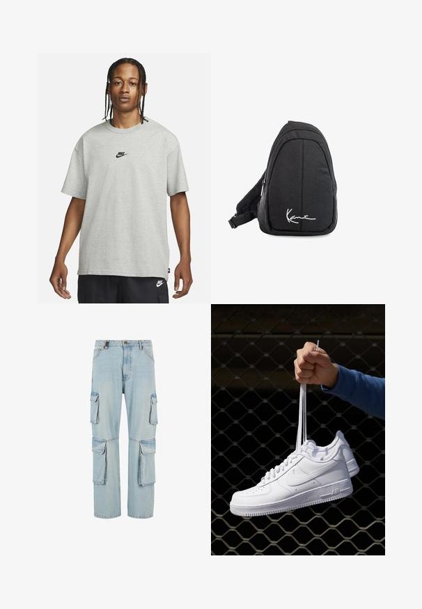Jaunas žmogus su pintomis plaukomis, vilkintis šviesiai pilką Nike marškinėlį ir juodus Nike šortus, priešais vientisą baltą foną.; Šviesiai mėlynos džinsinės cargo kelnės su keliais šoniniais kišenėmis, tiesaus kirpimo ir išblukusiu paviršiumi. Yra priekinis užsegimas mygtuku ir užtrauktuku.; Balti odiniai sportiniai bateliai su perforacijomis, apvalia nosimi, plokščiu padu ir storomis raištelėmis, su matomu swoosh logotipu ir "AIR" ant kulno.; Juodas audinio petinis krepšys su lygiu paviršiumi, turintis kreivą dizainą, užtrauktuku uždaromą skyrių ir baltą logotipą priekyje.