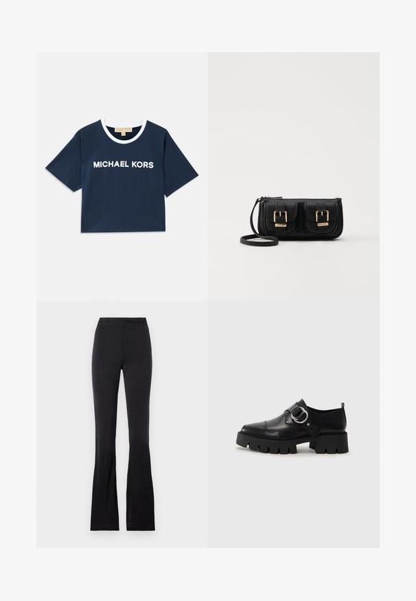 Navy modra kratka majica iz bombaža, s belim rebrastim ovratnikom in vezenim logotipom "MICHAEL KORS" na sprednji strani. Kratki rokavi.; Versace Jeans Couture Pajkice – hlače - black; Črne usnjene čevlje z debelim, rebrastim podplatom, ki imajo okroglo srebrno kovinsko dodatno opremo in minimalne šive.; Črna usnjena torbica čez ramo z dvema sprednjima žepoma, zlatimi zaponkami, zadrgo in ozkim pasom. Tekstura površine je strukturirana, obliko pa ima kompaktno pravokotno.
