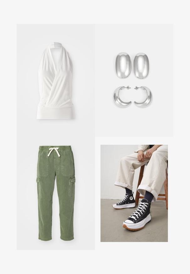 Valge ilma varrukateta topp, millel on mähismuster, valmistatud pehmest ja kergest kangast. Omab sobiva lõikega äärist ja seotud kaelarihma.; Roheline puuvillased cargo püksid, millel on mugav lõige, elastne vöökoht, nöör ja kaks suurt küljetaskut. Pehme tekstuur.; Korkealaskelised mustad spordijalatsid valgete nööride ja kummist varvasetootega. Paks valge tald tekstureeritud pruuni alusega, kantud tumesiniste triibuliste sokkidega.; Hõbedast kõrvarõngaste komplekt: kaks ovaalset kinnitust ja kaks poolkuu kujulist rippuvat kõrvarõngast, millel on läikiv ja sujuv viimistlus ning ümar disain.
