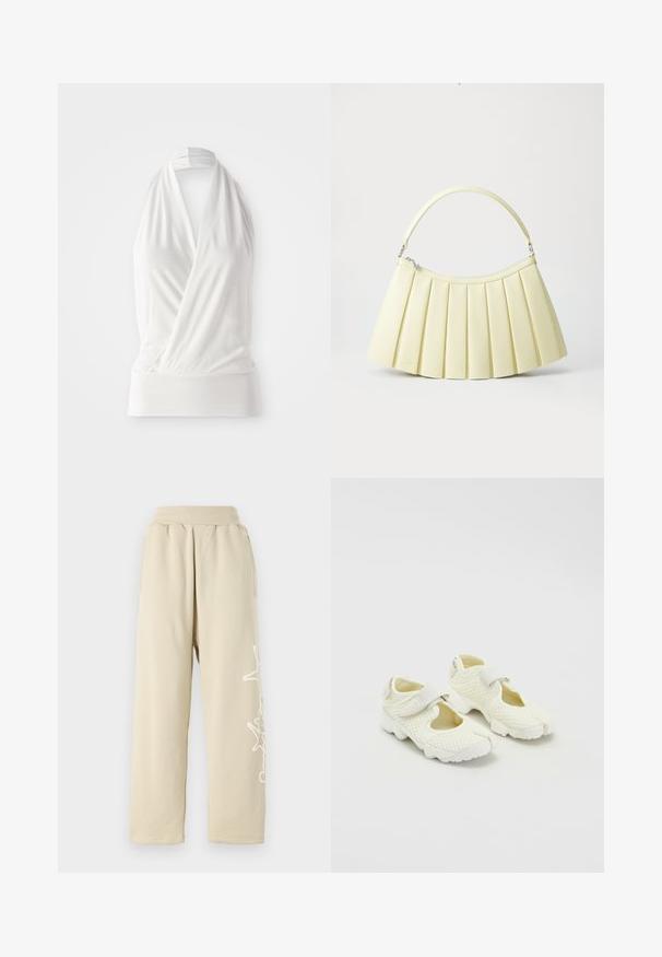 Balts bezpiedurkņu tops ar apvērsta dizaina, izgatavots no mīkstas, vieglas auduma. Iezīmēts ar pieguļošu joslu ap apakšu un sasietu kakla siksnu.; Beige, brīvi pieguļoši sporta bikses ar elastīgu jostu, sānu kabatām un baltu grafiku pa kreiso kāju. Mīksts kokvilnas materiāls.; Baltas sieta tipa apavi ar strukturētu dizainu, kas aprīkoti ar Velcro jostu un izgriezumiem sānos, teksturēta auduma un masīvu zoli.; Krēmkrāsas plīsētā rokassoma ar vienu izliekta rokturi un sudraba rāvējslēdzēja detaļām uz vienkārša baltā fona.
