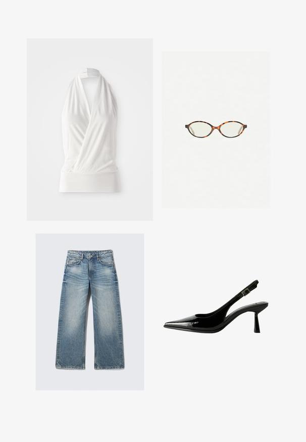 Top alb fără mâneci, cu un design înfășurat, realizat dintr-un material moale și ușor. Dispune de un bandă ajustată la tiv și o curea legată la gât.; Jeanși largi de culoare bleu deschis, din denim, cu talie înaltă, cinci buzunare și un efect de spălare ușor estompat, cu detalii subtile de uzură.; Pantofi cu toc slingback din piele patent neagră, cu vârf ascuțit, laterale decupate, curea la gleznă ajustabilă și toc subțire, elegant.; Ochelari cu ramă din tartan, cu lentile ovale și un finisaj elegant, neted. Prezintă margini subțiri cu o curbură subtilă la tâmple. Lentile clare.; Geantă de umăr din piele roșie, cu un design curbat, textură netedă și închidere cu fermoar. Dispune de un mâner subțire pentru transport.
