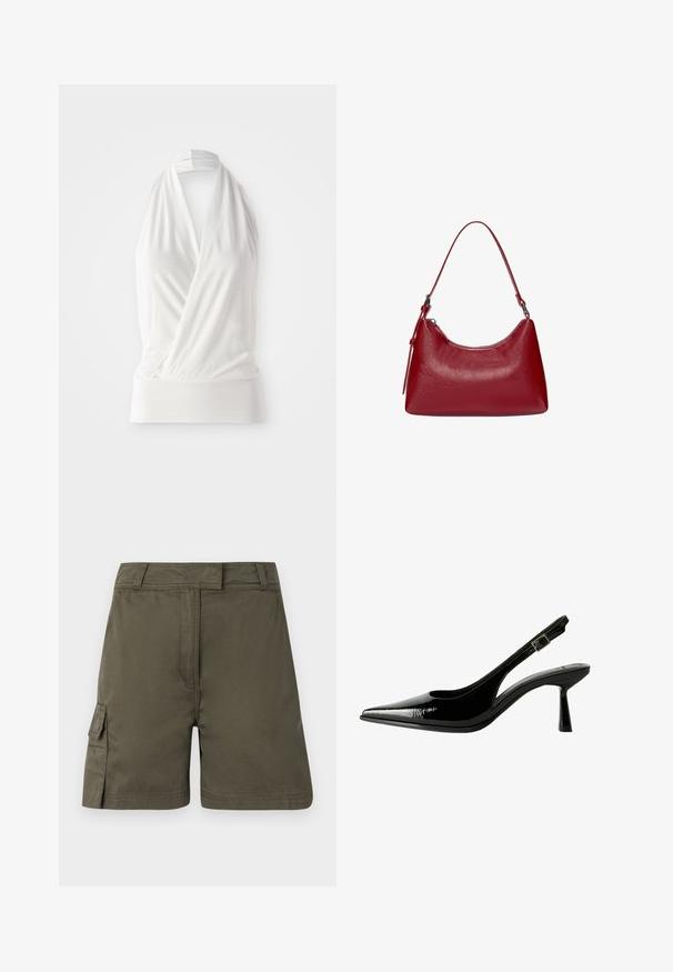 Top alb fără mâneci, cu un design înfășurat, realizat dintr-un material moale și ușor. Dispune de un bandă ajustată la tiv și o curea legată la gât.; Shorts cargo de culoare verde măsliniu, cu croială dreaptă, o mică buzunare laterală și închidere cu nasture. Realizați dintr-un material rezistent, cu o textură netedă.; Pantofi cu toc slingback din piele patent neagră, cu vârf ascuțit, laterale decupate, curea la gleznă ajustabilă și toc subțire, elegant.; Geantă de umăr din piele roșie, cu un design curbat, textură netedă și închidere cu fermoar. Dispune de un mâner subțire pentru transport.