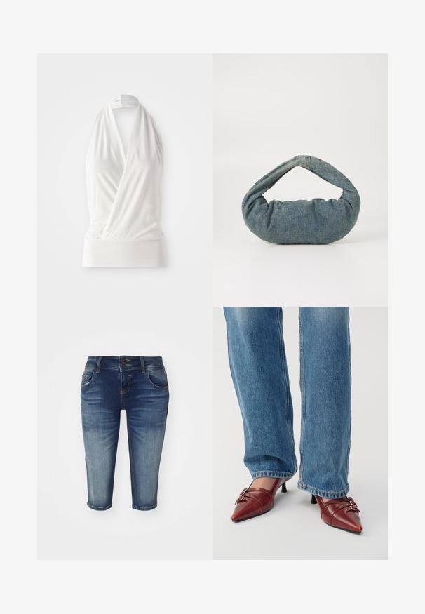 White sleeveless top with a wrap design, made of soft, lightweight fabric. Features a fitted band at the hem and a tied neck strap.; Denim bermuda shorts in dark blue with a faded finish, featuring five pockets, a double button closure, and a straight-leg design.; Red leather pointed-toe shoes with a small heel, featuring horizontal stitching and two silver buckles, worn with blue denim jeans.; Blue denim bag with a padded, rounded shape and a curved handle. The texture is soft, featuring visible stitching and a smooth finish.; Silver hoop earrings with a twisted design, featuring a polished finish and post-back closure. Measure approximately 3 cm in diameter.