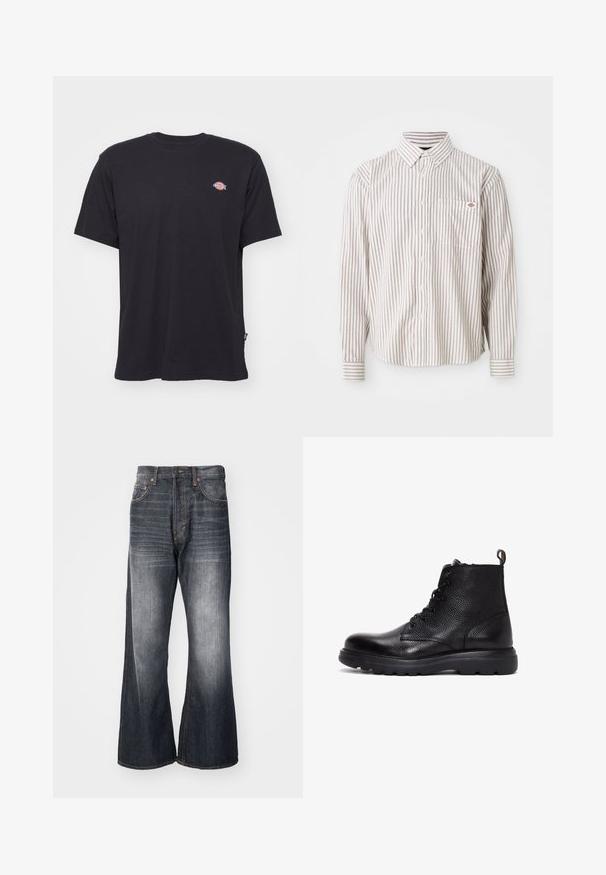 T-shirt en coton noir à manches courtes, col rond, et petit logo coloré sur la poitrine gauche. Présente un ourlet droit.; Chemise blanche à manches longues avec de fines rayures verticales rouges et une poche poitrine ornée d'un petit logo rouge et bleu.; Weekday TIME LOOSE BOOTCUT - Jean droit - ash black; Bottine en cuir noir avec finition texturée, bout rond, laçage à l'avant et semelle en caoutchouc épaisse avec grip. Tirette à l'arrière.