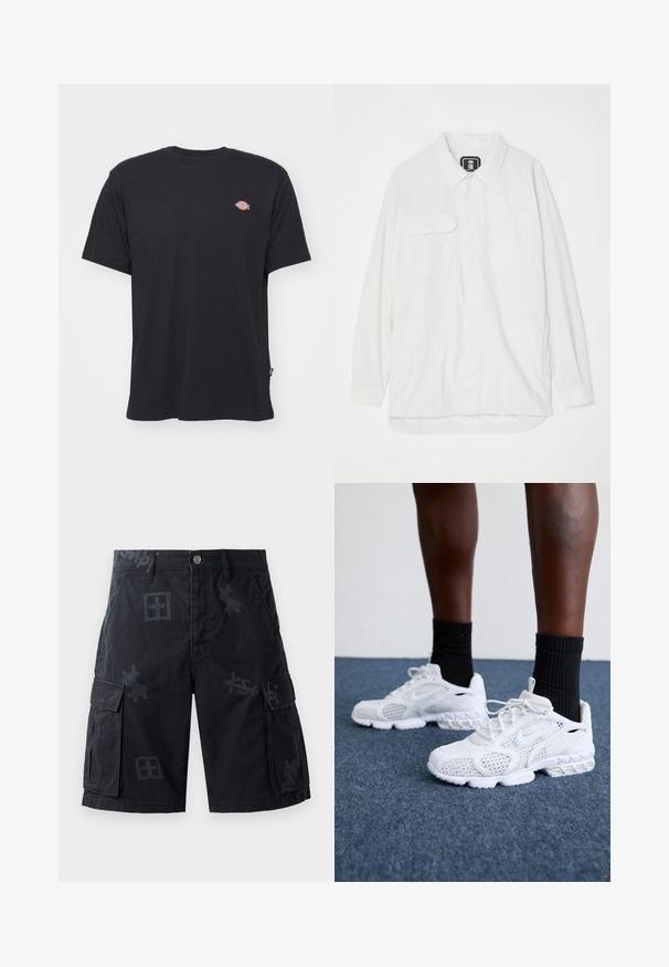 Zwarte katoenen T-shirt met korte mouwen, ronde halslijn en klein kleurrijk logo op de linkerkant van de borst. Heeft een rechte zoom.; Witte button-up shirt van textuurstof, met een kraag, twee voorzakken en een gebogen zoom met een iets langere achterkant.; Zwarte cargo-shorts met twee zijzakken, een knoopsluiting en ton-sur-ton grafische patronen. Gemaakt van een geprofileerde stof.; Witte sportieve schoenen met een bovenkant van mesh, gemêleerde accenten en een gevoerde zool. Samengesteld met zwarte geribde enkelsokken op een blauwe tapijtvloer.