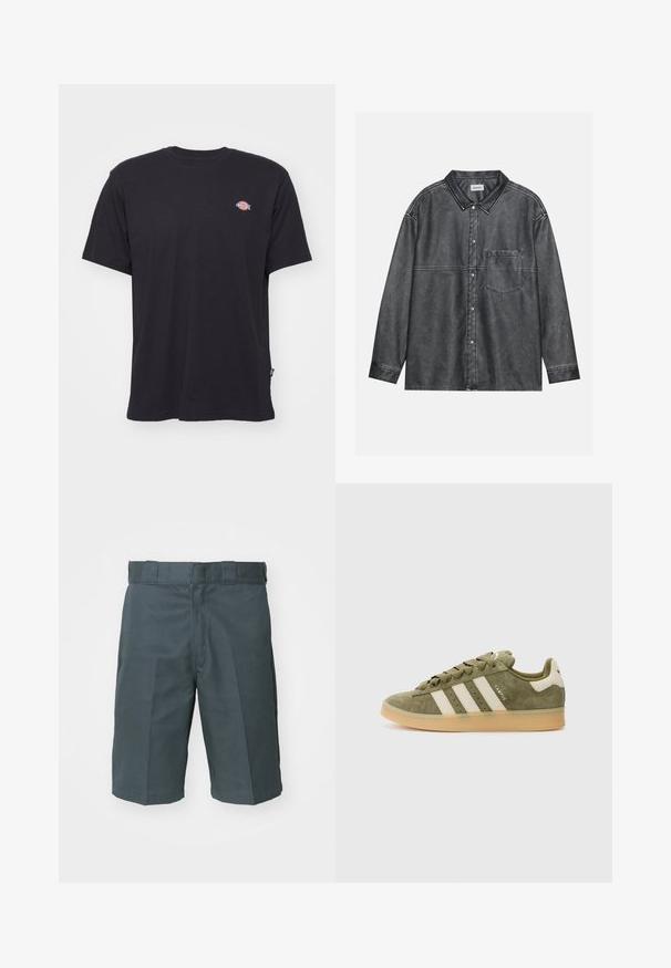 Schwarzes Baumwoll-T-Shirt mit kurzen Ärmeln, rundem Halsausschnitt und kleinem buntem Logo auf der linken Brust. Besitzt einen geraden Saum.; Schwarzes Hemd mit Knöpfen aus abgetragenem Denim, mit spitzem Kragen, langen Ärmeln, einer Brusttasche und sichtbaren Nähten.; Dunkelgraue Shorts aus einem robusten Stoff. Mit einem klassischen geraden Schnitt, flachem Bund und standardmäßigen Gürtelschlaufen. Keine sichtbaren Taschen.; Olivgrüner Wildledersneaker mit cremefarbenen Streifen, Schnürdesign und einer tanfarbenen Gummisohle. Verfügt über markenbezogenen Text an der äußeren Seite.