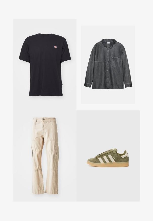 Juodas medvilninis marškinėliai trumpomis rankovėmis, apvaliu iškirpimu ir mažas spalvingas logotipas kairėje krūtinės pusėje. Turi tiesų apatinį kraštą.; Juodas marškinėlių viršus, pagamintas iš nusidėvėjusio džinsinio audinio, su smailiu apykaklės dizainu, ilgomis rankovėmis, priekinėje krūtinės kišenėje ir matomomis siūlių detalėmis.; Burgundiška spalvos kargo kelnės, pagamintos iš patvarios medvilnės, su daugybe kišenių, tiesiu kelių dizainu ir matomais siuvimo elementais.; Alyvuogių spalvos zomšiniai sportbačiai su kreminėmis juostelėmis, užrišamo dizaino ir šviesiai rudos gumos padu. Išorėje yra prekės ženklo tekstas.