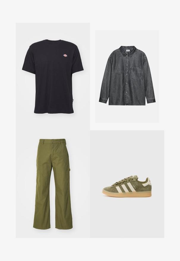 Black cotton T-shirt with short sleeves, round neckline, and small colorful logo on the left chest. Features a straight hem.; Black button-up shirt in worn denim, featuring a pointed collar, long sleeves, front chest pocket, and visible stitching details.; Olive green wide-leg pants made from durable fabric, featuring a button closure, side pockets, and a straight hem design.; Olive green suede sneaker with cream stripes, lace-up design, and a tan gum sole. Features branded text on the outer side.