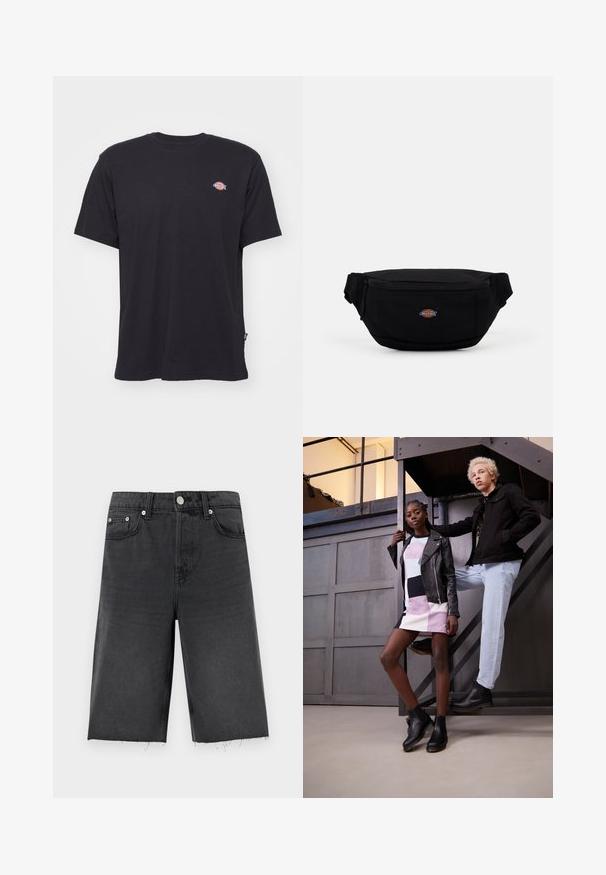 Black cotton T-shirt with short sleeves, round neckline, and small colorful logo on the left chest. Features a straight hem.; Black denim shorts with a straight cut, featuring a slightly frayed hem, belt loops, five pockets, and silver-tone buttons.; Two models pose on a metal staircase. One wears a black leather jacket over a multicolored striped dress and black ankle boots. The other sports a black jacket, light jeans, and black boots.; Black fabric fanny pack with a zippered closure, featuring a small branded logo on the front. Compact, rounded design with adjustable straps.