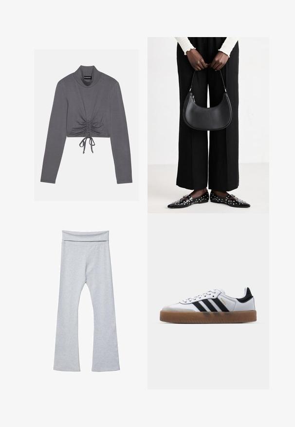 Sivi dugi rukav uskraćeni top s visokim izrezom. Ima detalje naboranja s podesivim vezicama na rubu za prilagodljiv izgled.; Sive flare tajice s širokim, mekim pojasom, napravljene od glatkog, rastezljivog materijala. Imaju prilagođeni oblik i dužinu do gležnjeva.; Bijele kožne tenisice s crnim prugama, gumenim potplatom, okruglim vrhom, vezivanjem i mekanim sivim nubuk vrhom.; Crna kožna torba preko ramena zaobljenog oblika, s sjajnom završnom obradom i srebrnim hardverom. Osoba nosi crne hlače širokog kroja i loaferice sa studovima.