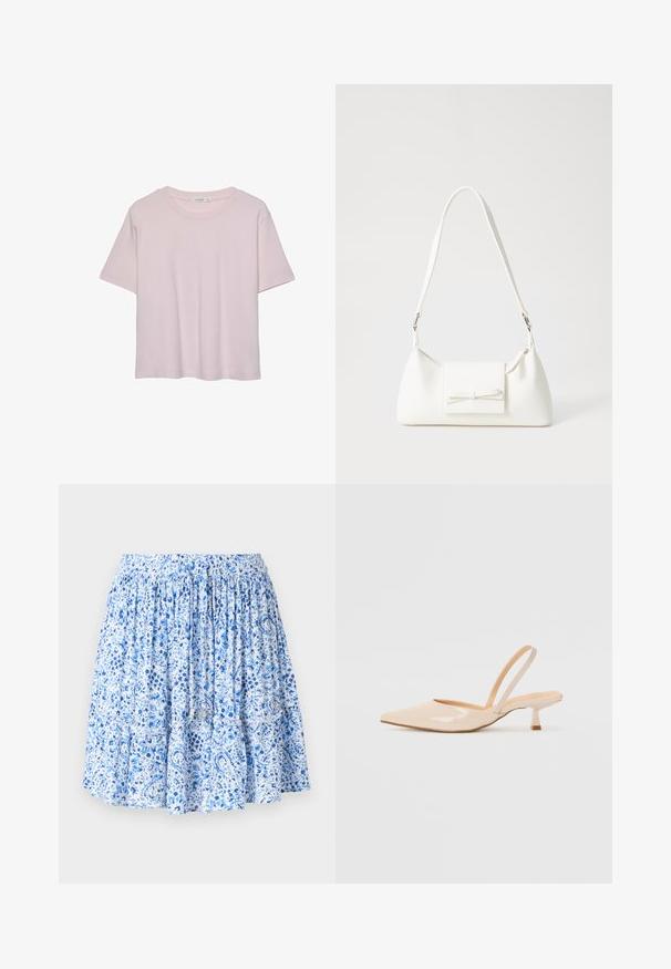 Lyserød kortærmet t-shirt med rund halsudskæring, lavet af blødt stof, med en afslappet pasform og lige kant.; Lyseblå nederdel med blomstermotiv og paisley-print, samlede elastiske talje, lagdelte flæser og snoretræk med metalender.; Beige patenteret læder slingback høje med spids tå og en slank, firkantet hæl. Glat tekstur og minimalistisk design uden udsmykninger.; Hvid syntetisk håndtaske med en trekantet form, flad forsideklap og sløjfedetalje, justerbar strop, glat tekstur og minimalistisk design.