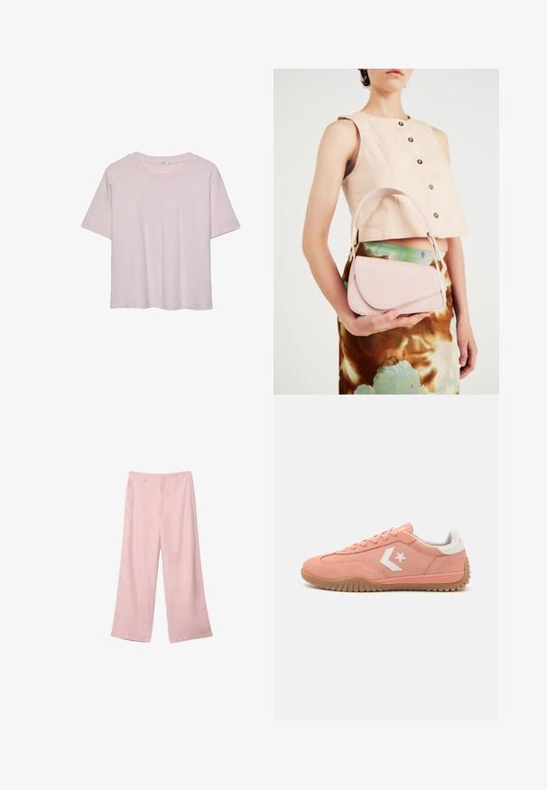 Svetlo roza majica s kratkimi rokavi in okroglim ovratnikom, narejena iz mehke tkanine, z ohlapnim krojem in ravnim robom.; Svetlo roza široke hlače iz gladkega blaga. Imajo strukturiran pas in ravne, padajoče hlačnice, brez vidnih vzorcev ali kovinskih dodatkov.; Roza semiš obutev s belimi dodatki, z vezalkami, teksturirano gumijasto podplatom in zvezdastim logotipom na strani. Nizki profil in lahka.; Roza usnjena torbica s ukrivljenim poklopcem, enim naramnim trakom in čistimi linijami. Torbica se ponaša z gladko teksturo in minimalističnim dizajnom.
