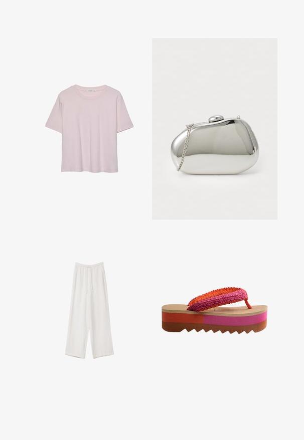 Svetloružové tričko s krátkym rukávom a okrúhlym výstrihom, vyrobené z mäkkého materiálu, s voľným strihom a rovnou spodnou hranou.; Biele široké nohavice vyrobené z ľahkej tkaniny. Obsahujú elastický pás so sťahovacou šnúrkou a bočné vrecká. Hladká textúra.; Platformové šľapky s multikolórovým tkaným popruhom v oranžovej a ružovej farbe. Textúrovaná tanová stielka a drsná podrážka v hnedých, ružových a korálových pruhoch.; Strieborná metalická kabelka s zaobleným, hladkým tvarom. Obsahuje uzáver a odnímateľný reťazový popruh. Reflexný povrch bez vzorov.