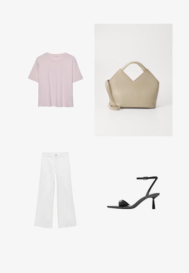 Svetloružové tričko s krátkym rukávom a okrúhlym výstrihom, vyrobené z mäkkého materiálu, s voľným strihom a rovnou spodnou hranou.; Biele široké džínsy so zapínaním na gombíky a piatimi vreckami, vyrobené z denimu s hladkou textúrou, s klasickým dizajnom.; Bershka Sandále na vysokom opätku - black; Béžová štruktúrovaná kabelka s vrcholom v tvare V, vyrobená z hladkej kože, s krátkymi rúčkami a dlhým nastaviteľným popruhom. Minimalistický dizajn.