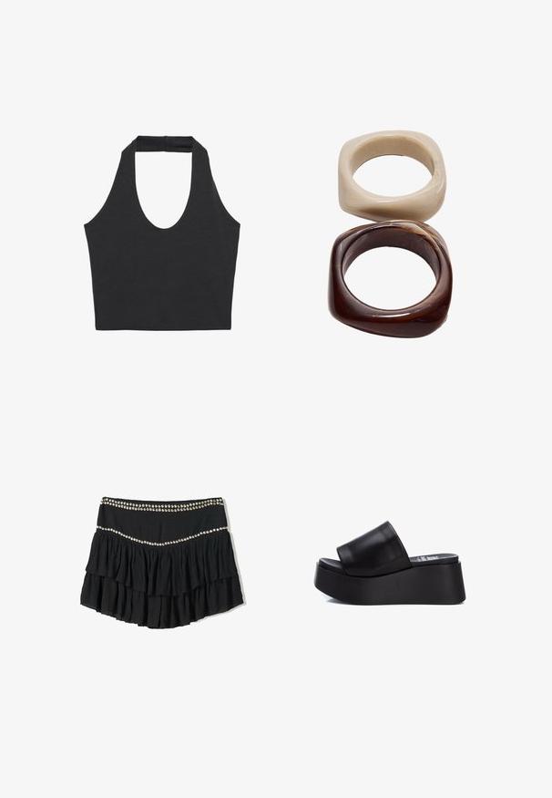 Černý bezrukávový top s širokým kulatým výstřihem a strukturovaným popruhem na zádech. Vyrobeno z měkké, elastické tkaniny. Klasický, minimalistický design.; Černá volánková sukně s vrstveným designem, zdobená řadou stříbrných cvočků podél pasu. Texturované sklady dodávají hloubku.; Černé platformové sandály na klínu s hladkým koženým svrškem, širokým páskem a masivní gumovou podrážkou, s matným povrchem a tvarovaným designem.; Stradivarius SET - Náramek - dark brown