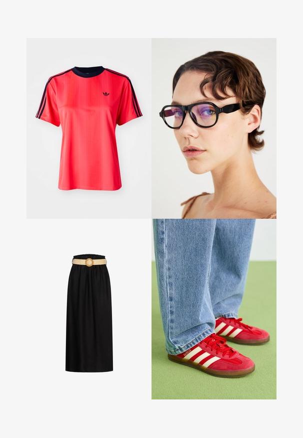 Červené športové tričko s krátkymi rukávmi, s vertikálnymi pruhmi, námorníckym okrúhlym výstrihom a malým čiernym logom na prednej strane.; Čierna midi sukňa z mäkkého materiálu, so elastickým pásom a tkaným béžovým opaskom s obručkovou sponou.; Červené semišové tenisky s tromi bielymi pruhmi, okrúhlou špičkou a textúrovanou podrážkou, v kombinácii s svetlomodrými džínsami na zelenom pozadí.; Čierne obdĺžnikové okuliare s purpurovými sklíčkami, majúce hrubý rám a ploché strany, zdôrazňujúce moderný dizajn.