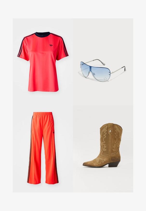 Camiseta deportiva roja de manga corta, con rayas verticales, cuello redondo color marino y un pequeño logo negro en la parte frontal.; Pantalones deportivos de color naranja brillante con un diseño de pierna ancha, que cuentan con franjas laterales negras y una cinturilla elástica. Incluyen un bolsillo con cremallera.; Bota de cowboy de ante marrón con puntera puntiaguda, intrincados bordados en blanco y tacón inclinado. Presenta un diseño decorativo en el tubo y en la etiqueta superior.; Gafas de sol tipo aviador con lentes azul degradado, montura de metal plateado y acentos decorativos de estrellas en los lentes. Diseño suave y elegante.