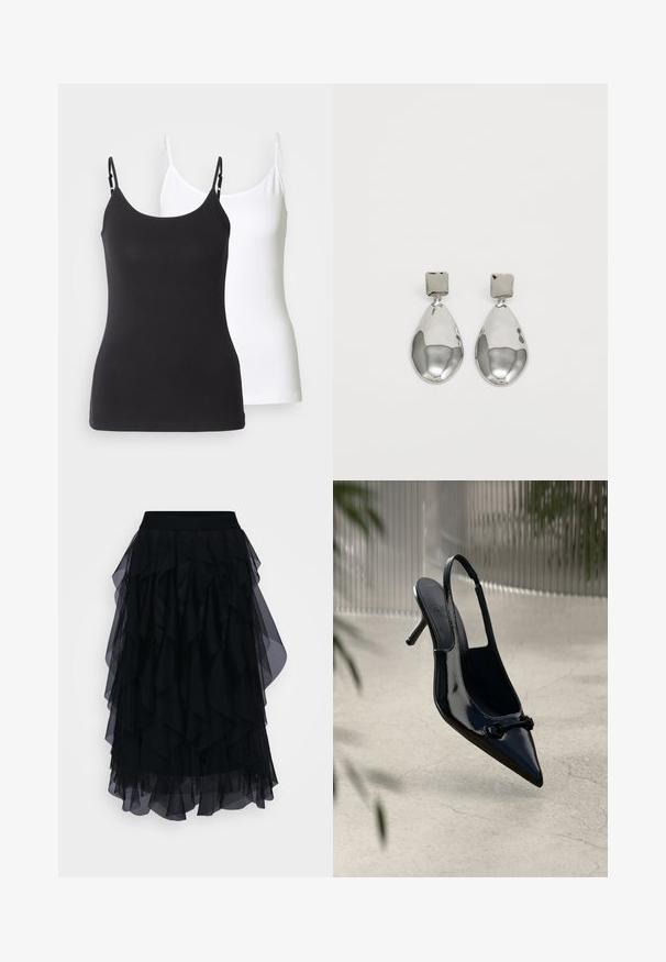 Mustat ja valkoiset puuvillaiset toppitunikat, joissa on säädettävät ohuet hihnat, muotoiltu malli ja sileä pinta.; Musta kerroksellinen tüllihame, jossa on leveä joustovyötärö. Suunnittelussa on riemukas kerrostus, jossa on läpikuultava viimeistely, tarjoten virtaviivaisen siluetin.; Mustat kiiltävät nahkakengät, joissa on avonainen kantapää, terävä varvas ja koristeellinen solki, kohoavat vaalean halkeillun lattian ylle.; Hopeakoru drop -korvakorut, joissa on neliömuotoinen nappi, sileällä, kiillotetulla pinnalla ja pisaran muotoisella designilla, heijastavat valoa kiiltävän pinnan kautta.