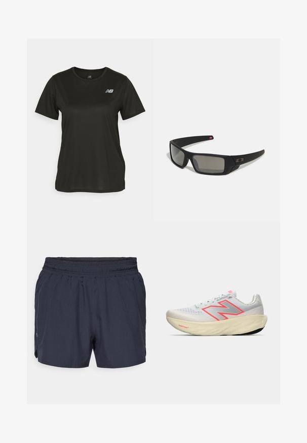 Melnas īsām piedurknēm T-krekls, kas izgatavots no gludas auduma, ar apaļu dekoltē un atstarojošu baltu logotipu kreisajā krūtī.; Tumši zilas sporta šortas ar elastīgu jostu, sagriezta dizaina un sānu kabatām. Izgatavotas no viegla, elpojoša materiāla.; Baltas skriešanas apavi ar biezu bēšīgu zoli, pelēks un rozā New Balance "N" logotips un "Fresh Foam" teksts uz zoles malas.; Melni saulesbrilles ar matētu apdari, taisnstūra lēcām, nedaudz izliektiem tempļiem, smalkiem logotipa elementiem un dūmu nokrāsas lēcām.