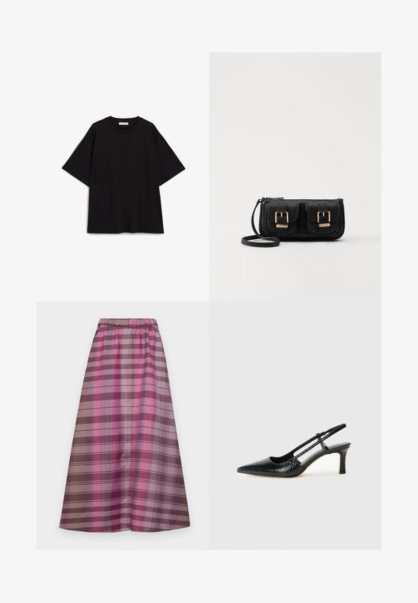 Crna pamučna majica s opuštenim krojem, kratkim rukavima, okruglim izrezom i glatkom teksturom. Bez uzoraka ili ukrasa.; Duga karirana suknja koja sadrži različite nijanse ružičaste, ljubičaste i smeđe. Izrađena od glatkog materijala s elastičnim pojasom za udobnost.; Crne lakirane slingback pete s oštrim vrhom, s teksturiranim uzorkom zmijske kože, podesivom remenom i kratkom, teksturiranom blok-petom.; Crna kožna torba preko ramena s dva prednja džepa, zlatnim kopčama, zatvaranjem na zip i uskim remenom. Teksturirana površina i kompaktan pravokutan oblik.