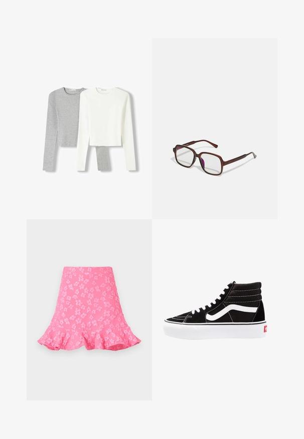 Két hosszúujjú, cropped póló: egy világosszürke és egy fehér, mindkettő puha anyagból készült. Egyszerű kerek nyakkivágással és szűkített ujjakra jellemző.; Rózsaszín bővülő szoknya, amely kiemelkedő virágmintákkal, fodros szegéllyel és sima tapintással rendelkezik. Térd fölötti hosszúság, szűkített derékpánttal.; Fekete magasszárú sportcipők fehér fűzővel, fehér logóval és kontrasztos fehér varrással. Vastag fehér talppal és texturált velúrból készült felsőrész jellemzi.; Barna, téglalap alakú szemüveg áttetsző lencsékkel és lila árnyalattal. Simító műanyag keret, egyenes szárakkal és diszkrét díszítésekkel.; Barna műbőr válltáska ívelt formával, minimális varrással és arany színű kiegészítőkkel. Jellemzője a felső cipzáras záródás és állítható pánt.; Háromrétegű nyaklánc arany láncokkal, ezüst gyöngysorral és középen csomó díszítéssel. Állítható kapoccsal rendelkezik.