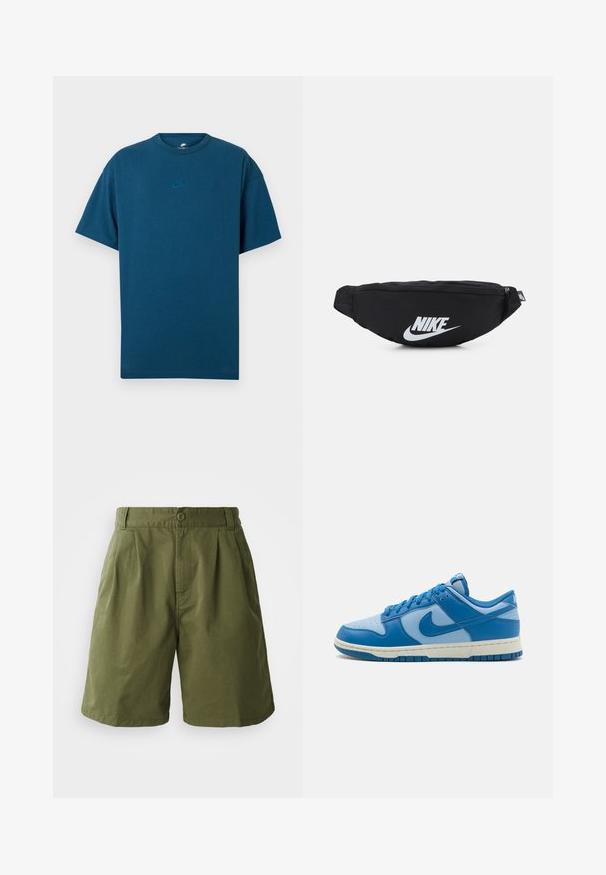 T-shirt in cotone blu con maniche corte, scollatura a girocollo e un piccolo logo Nike azzurro sul petto. Tessuto morbido, vestibilità rilassata.; Pantaloni corti verde oliva realizzati in tessuto leggero, con una parte anteriore plissettata, chiusura con bottone e tasche laterali, dal design dritto.; Sneakers Nike Dunk blu, con tomaia in pelle di diverse tonalità di blu, punta forata e suola in gomma con grip testurizzato.; Marsupio nero in nylon con chiusura zip, caratterizzato da un grande logo Nike bianco. Texture liscia e design ergonomico per un'indossabilità confortevole.