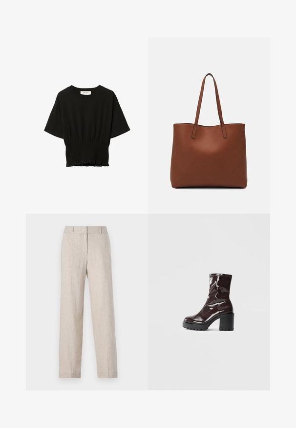 Czarny krótki t-shirt wykonany z miękkiej bawełny, z krótkimi rękawami i marszczonym elastycznym pasem w talii. Gładka tekstura z okrągłym dekoltem.; Beżowe lniane spodnie o prostym kroju, z wysokim stanem i subtelną fakturą. Brak widocznych kieszeni i ozdobników.; Błyszczące bordowe botki za kostkę z masywną czarną obcasem, charakteryzujące się gładką teksturą i prostym wzornictwem. Brak widocznych zapięć lub wzorów.; Brązowa skórzana torba tote o gładkiej fakturze, z otwartym wierzchem i dwoma ramiączkami. Charakteryzuje się minimalnym przeszyciem i brakiem widocznych elementów metalowych.