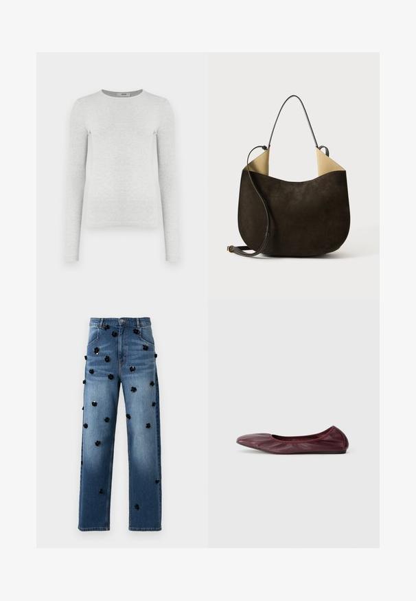 Dlouhý rukáv šedý ribovaný pletený top, kulatý výstřih, přiléhavý silueta, hladká textura, bez viditelných log a ozdob.; Džínové kalhoty s rovnými nohavicemi, středně modrou barvou a černými flitrovými květinovými aplikacemi rozptýlenými po látce.; Balerína v tmavě burgundské kůži, se zaoblenou špičkou, elastickým lemem a hladkou texturou s jemným řasením.; Tmavě hnědá semišová kabelka s hladkou texturou, minimalistickým designem a kontrastním světlým interiérem. Obsahuje dlouhý kožený popruh.