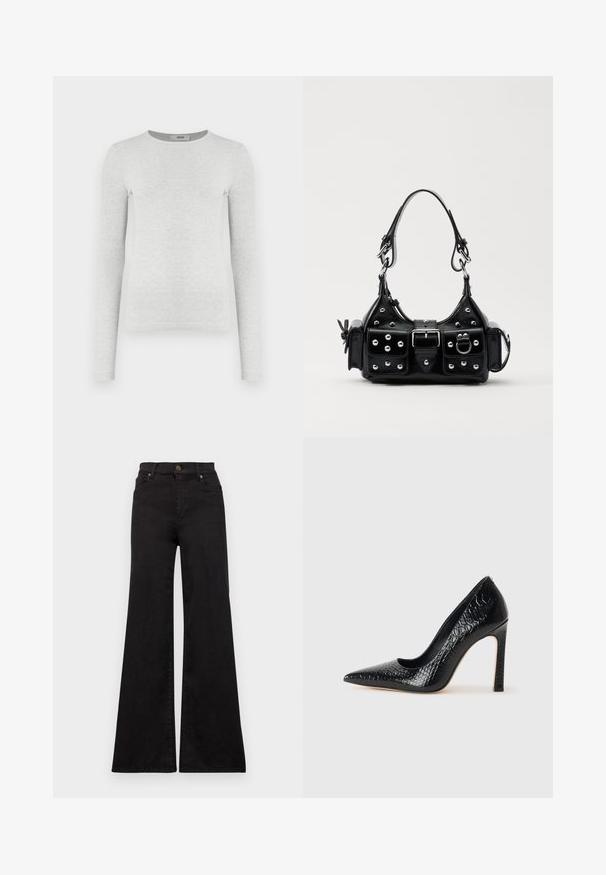 Szary sweter z długim rękawem, prążkowany, okrągły dekolt, dopasowany krój, gładka faktura, bez widocznych logo ani ozdób.; Czarne dżinsy w stylu flare, wykonane z denimu, z wysokim stanem, z przednimi kieszeniami i metalowymi elementami na guziku oraz nitach.; Czarne szpilki z ostrym noskiem, pokryte teksturą skóry krokodyla, charakteryzujące się eleganckim wzornictwem, wysokim obcasem w stylu stiletto oraz gładkim czarnym wnętrzem.; Czarna skórzana torebka w zakrzywionym kształcie, z srebrnymi ćwiekami, klamrą i dwoma bocznymi kieszeniami. Regulowany pasek umożliwiający różne opcje noszenia.