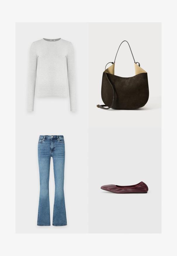 T-shirt gris à manches longues en tricot côtelé, encolure ronde, silhouette ajustée, texture lisse, sans logos ni embellissements visibles.; Jean en denim évasés dans un lavage bleu clair ; comprenant une taille haute, des coutures piquées et un léger dégradé en bas des jambes.; Ballerines en cuir bordeaux profond, avec un bout arrondi, un bord élastiqué et une texture lisse agrémentée de subtils plis.; Sac à main en daim marron foncé avec une texture lisse, un design minimaliste et un intérieur clair contrastant. Dispose d'une longue sangle en cuir.