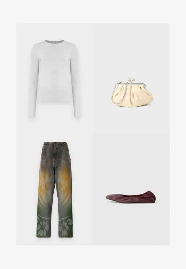 Langærmet grå ribstrikket top, rund halsudskæring, tætsiddende silhuet, glat tekstur, uden synlige logoer eller dekorationer.; Højtaljede jeans i tilfældig denim med et gradientmønster, der blander gule, grønne og blå nuancer; blomsterdesign nær kanten.; Balletflade i dyb burgundy læder, med rund tå, elastisk kant og glat tekstur med diskret plissering.; Plisseret beige læderclutch med en sølvmetalramme, der har to runde dekorative låse og en sølvkædetrasporte.