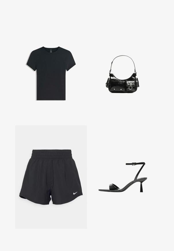 Musta puuvillapaita, jossa on lyhyet hihat, pyöreä kaula-aukko ja pehmeä, sileä pinta. Yksinkertainen muotoilu, ilman kuvioita tai näkyviä varusteita.; Mustat urheilushortsit, joissa on joustava vyötärö, sileä pinta ja pieni valkoinen Nike-logo alhaalla oikealla puolella.; Bershka Korolliset sandaalit - black; Mustekko mustasta kiiltonahasta valmistettu käsilaukku, jossa on kaareva muoto, yksi olkahihna, etutaskut ja hopeanväriset yksityiskohdat.