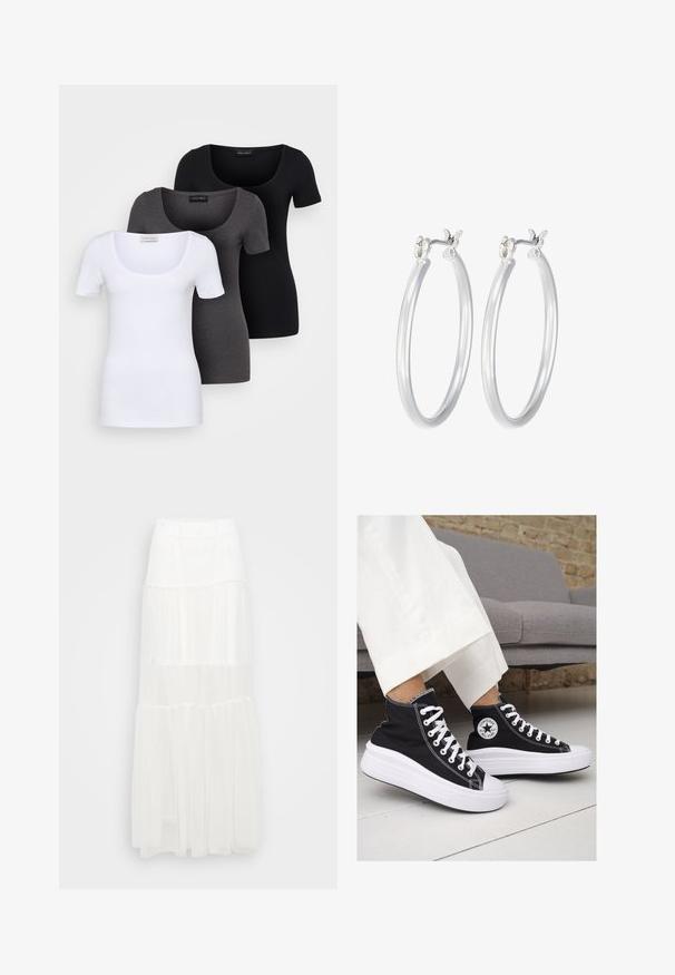 Trois T-shirts ajustés en blanc, gris et noir. Chacun présente un décolleté large et des manches courtes. Fabriqués en tissu lisse et extensible.; Jupe maxi blanche à volants avec une taille élastique. Fabriquée en tissu léger, elle présente des couches semi-transparentes et un design fluide.; Baskets montantes en toile noire avec semelles et lacets en caoutchouc blanc. Elles présentent un logo circulaire sur le côté et un contraste de coutures blanches.; Boucles d'oreilles en argent avec une finition lisse et polie. Forme ronde et fermeture à clip sécurisée. Design léger adapté pour un port quotidien.