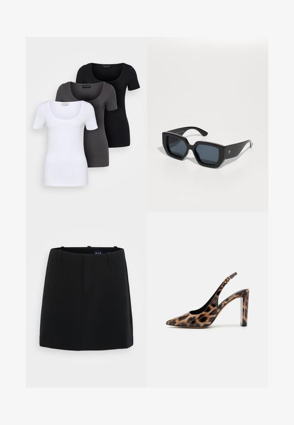 Három szűkített T-póló fehér, szürke és fekete színben. Mindegyik széles, kerek nyakkal és rövid ujjakkal rendelkezik. Simább, elasztikus anyagból készült.; Fekete szoknya sima szövet textúrával, minimalista dizájnnal, két elülső zsebbel és combközép hosszúsággal. Övlyukakat tartalmaz a derék résznél.; Leopárdmintás slingback pump, hegyes orral és átlátszó blokk talppal. Fényes anyagból készült, sima tapintású.; Fekete, oversized napszemüveg geometrikus mintával, téglalap alakú lencsékkel és fényes felülettel. Az elülső részén nincs látható márkajelzés.