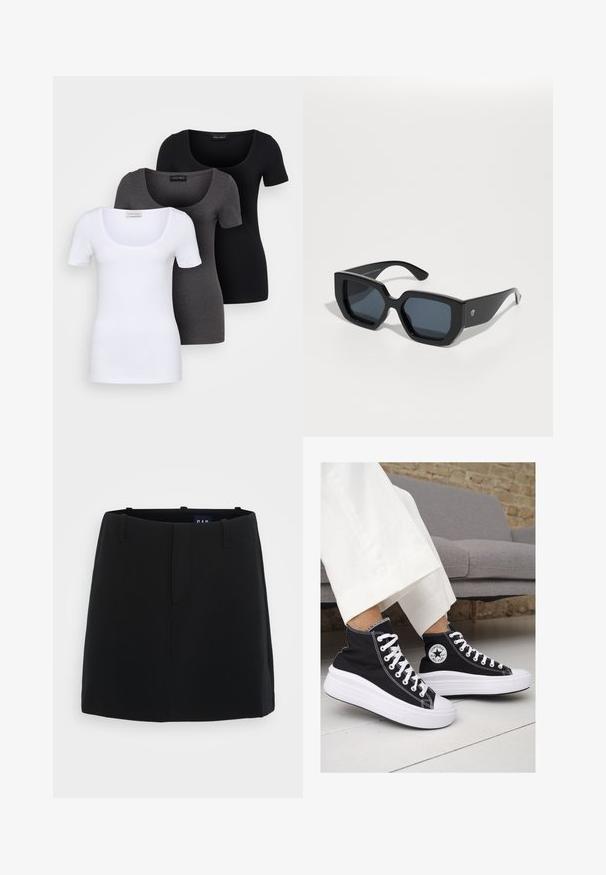 Tričko v bielej, šedej a čiernej farbe s priliehavým strihom. Každé má široký výstrih a krátke rukávy. Vyrobené z hladkej, elastickej tkaniny.; Čierna sukňa s hladkým textúrovaním, minimalistickým dizajnom, dvoma prednými vreckami a dĺžkou po polovicu stehna. Obsahuje pútka na opasok v páse.; Čierne plátkové tenisky s vysokým strihom a bielymi gumovými podrážkami a šnúrkami. Majú okrúhly logotyp na boku a kontrastné biele stehy.; Čierne nadrozmerné slnečné okuliare s geometrickým vzorom, obdĺžnikové šošovky a lesklý povrch. Na prednej strane nie sú viditeľné žiadne značky.