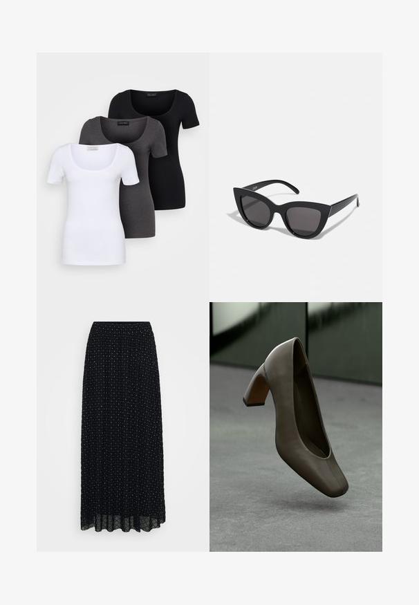 Três t-shirts ajustadas em branco, cinza e preto. Cada uma possui um decote amplo e mangas curtas. Feitas de um tecido liso e elástico.; Saia maxi preta com cintura elástica, apresentando um padrão texturizado de diamantes e pontos por todo o comprimento, e uma barra transparente.; Sapato de salto alto em pele verde-oliva escura, com ponta quadrada e salto bloco, flutuando acima de um piso de concreto cinza com um fundo verde desfocado.; Óculos de sol cat-eye pretos com acabamento mate, apresentando lentes cinzentas, ângulos acentuados e hastes elegantes. Nome da marca visível na parte interna da haste.