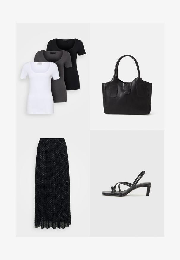 Drie getailleerde T-shirts in het wit, grijs en zwart. Elk met een brede ronde hals en korte mouwen. Gemaakt van gladde, rekbare stof.; Zwarte maxi rok met een elastische tailleband, voorzien van een textuurpatroon van diamanten en stippen, en een doorschijnende zoom.; Zwarte sandaal met bandjes, vierkante teen en een lage blokhak. Voorzien van meerdere dunne bandjes en een verstelbare enkelband. Gemaakt van zacht leer.; Zwarte leren tote bag met een gladde textuur, gestructureerde vorm, twee handvatten en een opvallend zilveren sluitingdetail aan de voorkant.