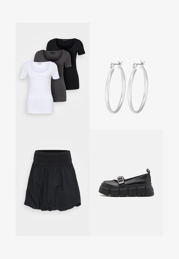 Tri fitted T-shirtovi u bijeloj, sivoj i crnoj boji. Svaki ima široki izrez na vratu i kratke rukave. Napravljen od glatkoga, rastezljivog materijala.; Crna suknja ima široku elastičnu struk i dizajn od naboranog, laganog materijala, stvarajući lepršav oblik s suptilnom teksturom.; Crne platforme loaferice s zaobljenim nožnim prstom, glatka kožna gornja strana, podesiva kopča i strukturirana gumena potplat s horizontalnim rebrima.; Srebrne kružne naušnice s glatkom, poliranom površinom. Okrugli oblik i sigurno kopčanje na klik. Lagani dizajn pogodan za svakodnevno nošenje.