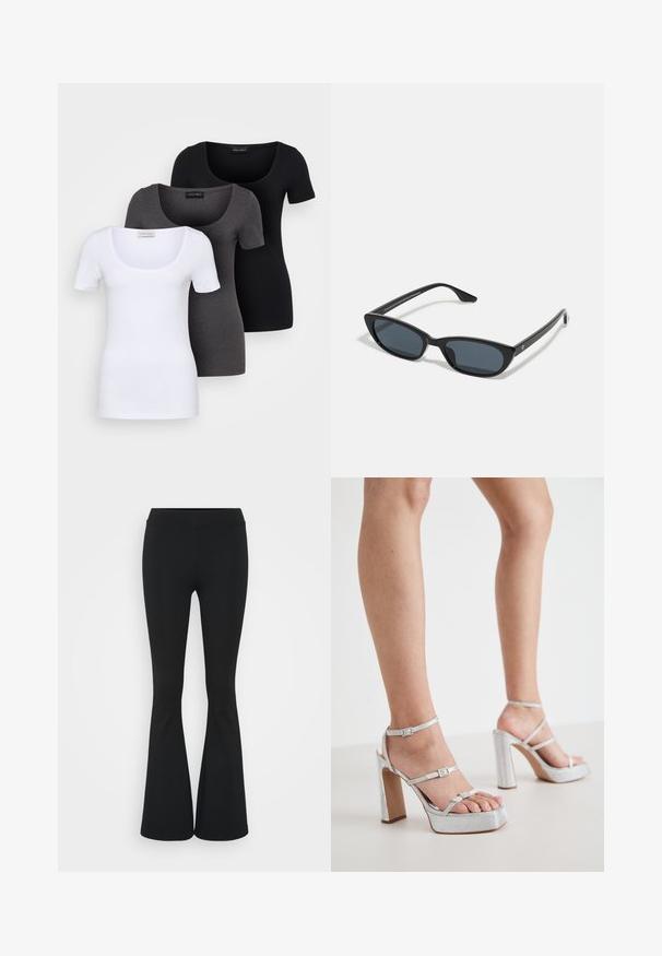 Kolme istuvaa T-paitaa valkoisena, harmaana ja mustana. Jokaisessa on leveä avara pääntie ja lyhyet hihat. Valmistettu sileästä ja joustavasta kankaasta.; Mustat leveät housut, jotka on valmistettu joustavasta kankaasta, ja joissa on korkea vyötärö sekä sileä pinta. Housut levenevät polven kohdalla.; Hopeiset korkeat sandaletit, joissa on nilkkahihnat, textured-materiaali, leveä lohkahheel ja säädettävät soljet.; Musta kissakatse aurinkolasit tummilla linsseillä, muovikehys, kapeat temppelit ja hienovarainen brändäys sisäisessä varressa. Mattapintainen rakenne.