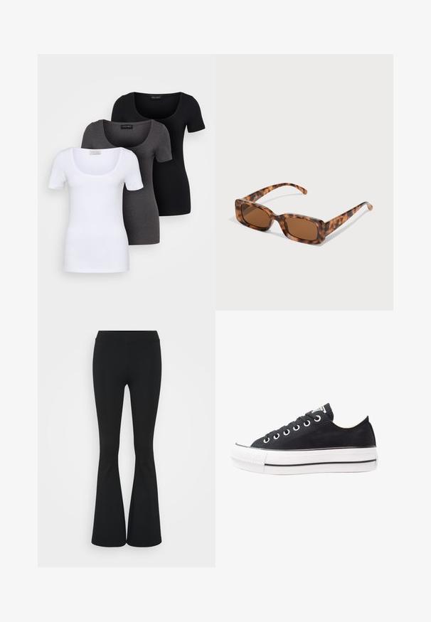 Tři přiléhavé trička v bílé, šedé a černé barvě. Každé má široký výstřih a krátké rukávy. Vyrobeno z hladké, pružné tkaniny.; Černé zvonové kalhoty vyrobené z elastického materiálu, s vysokým pasem a hladkou texturou. Kalhoty se rozšiřují od kolene.; Černé plátěné tenisky s bílou gumovou podrážkou, kulatou špičkou, nízkým střihem, kovovými očky a texturovaným krytem špičky. Tenký černý pruh podél podrážky.; Kočičí brýle se želvovinovým vzorem, obdélníkové hnědé čočky, silný rám a úzké nožičky s různými odstíny hnědé.